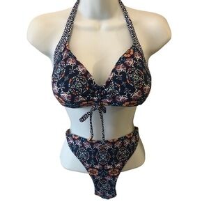 Helen Jon Grace Bay Classic Hipster Bikini Sz M Navy Floral Swimsuit Beach Boho
